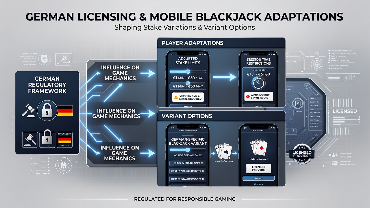 Illustration zu deutschen Lizenzierungsregeln für mobiles Blackjack mit Fokus auf Einsatzvariationen und Variantenoptionen